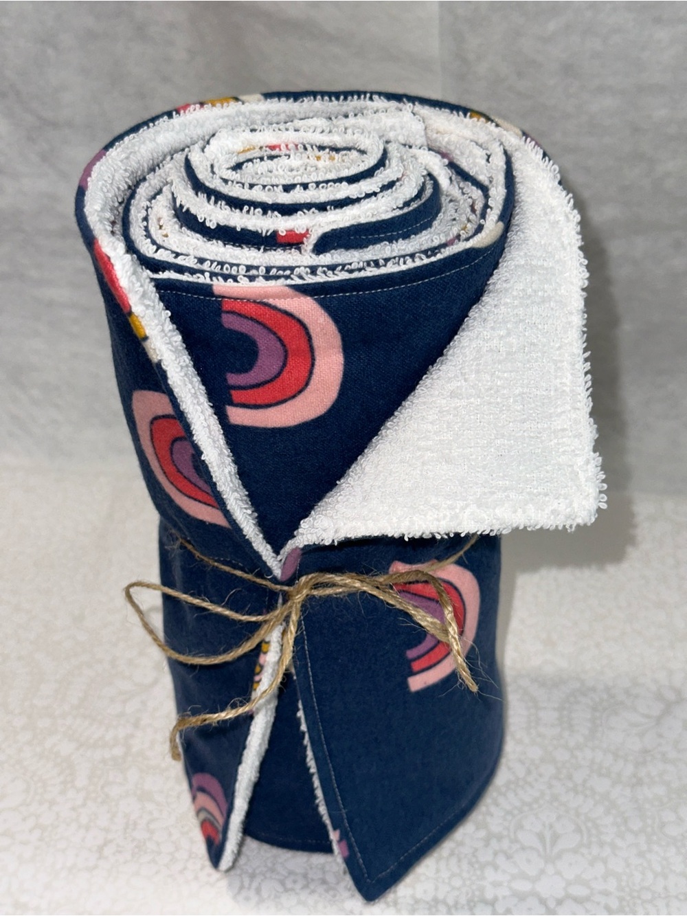 NEW! Handmade NoPaper Hand Towels Navy Pink Retro Arc Terry Cloth Roll 7pc - Picture 2 of 8